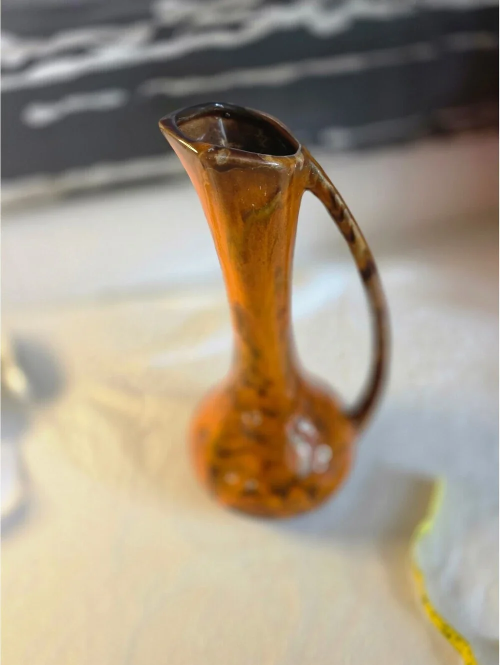 Brown Drip Glaze Ceramic Ewer Vase Tall Handled Pitcher 13 Inch